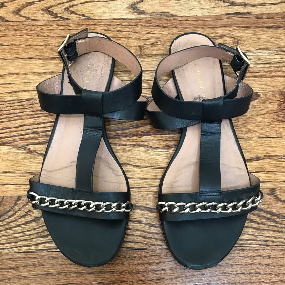 Sandro Paris T-Strap Black Leather Sandals - Picture 2 of 8